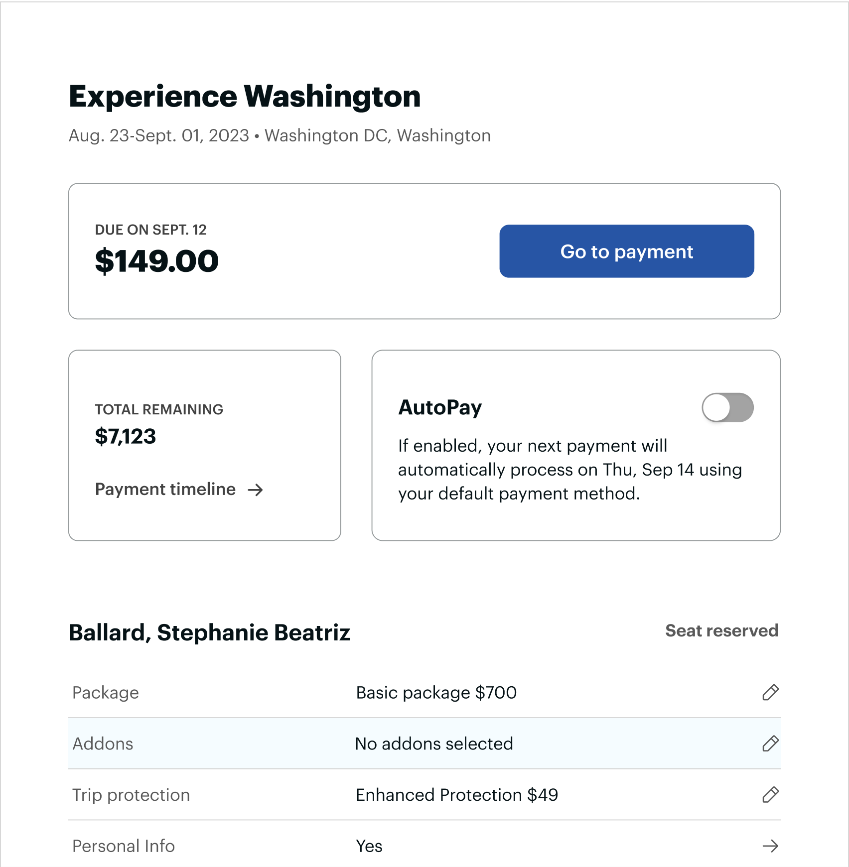 Screenshot: part of the traveler's dashboard after completing the registration