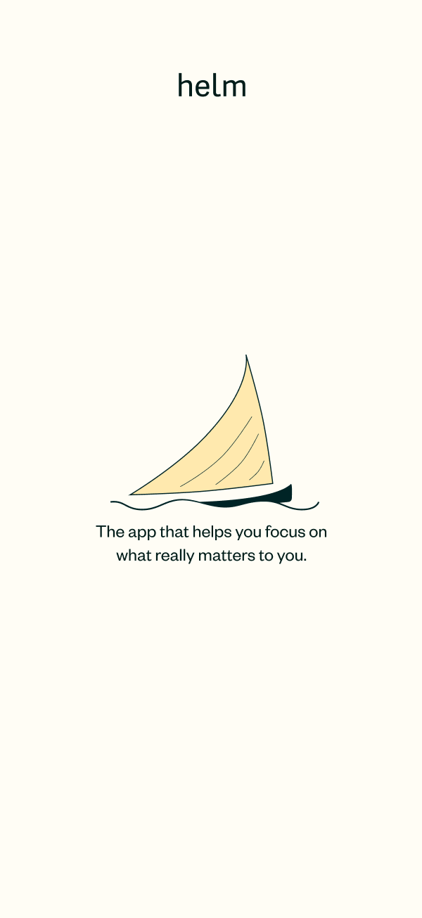 Screenshot: The opening screen of Helm with an illustration of a small sailboat.